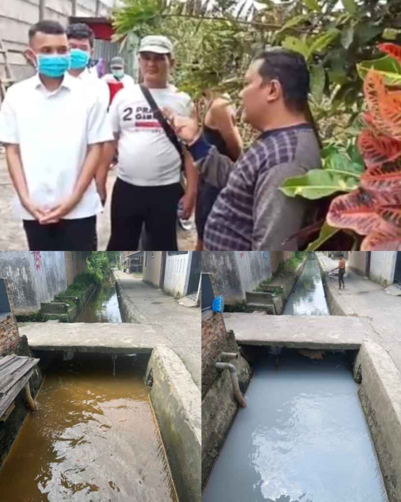 Limbah warna putih yang keluar dari saluran PT. Universal Gloves melalui parit Impres Gang Pelita. Kondisi ini terjadi sebelum jam Sholat Jumat, 23 Januari 2026. (Sumber foto: kiriman warga)