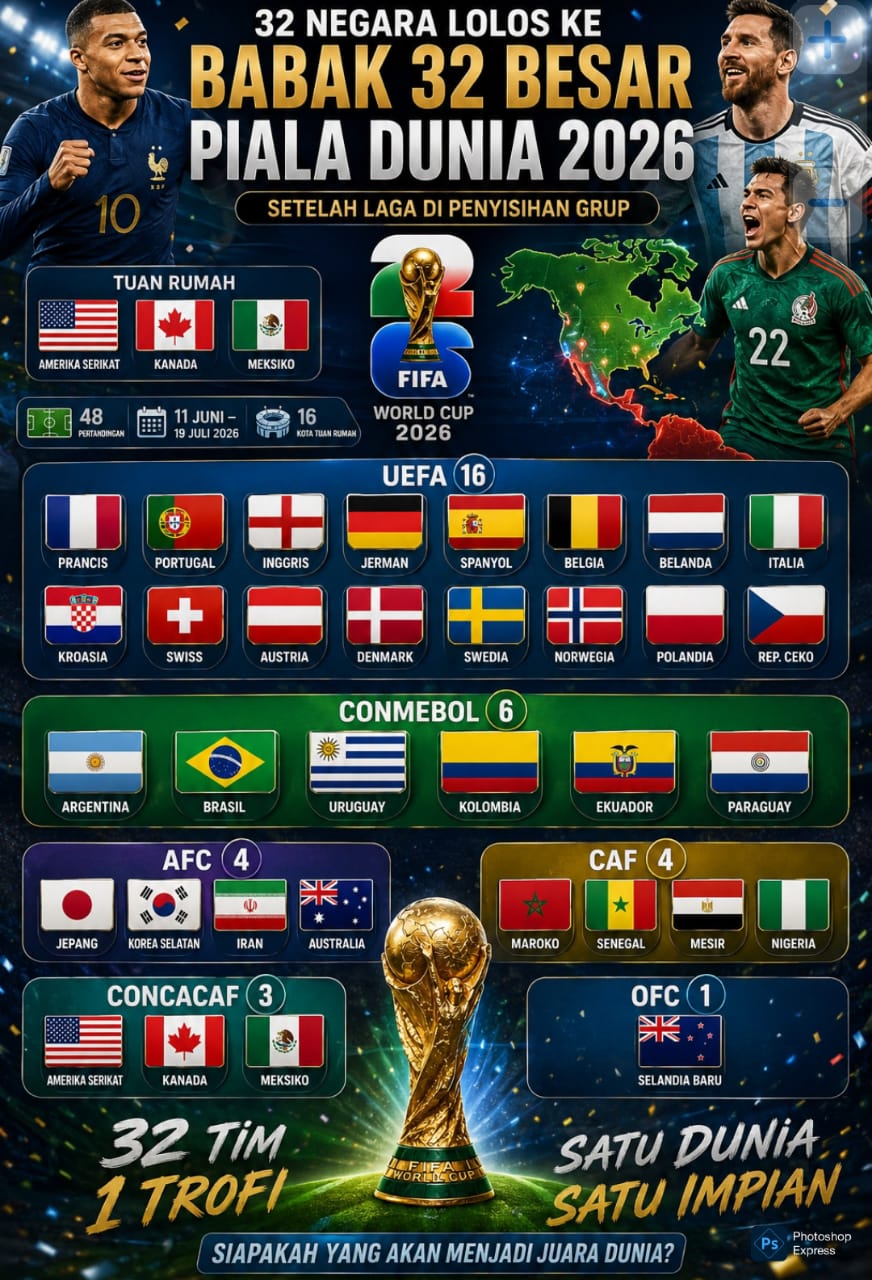 IMG-20260629-WA0000 32 negara akan bertarung di babak 16 besar Piala Dunia 2026. (Kitamedan.com)